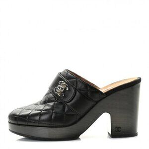 Chanel Black Clog Quilted Mule Leather Turn Lock Size 37.5